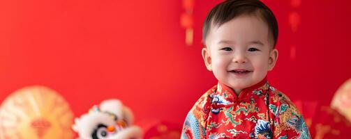 ai generato carino asiatico bambino nel Cinese tradizionale vestire. contento Cinese nuovo anno concetto. foto