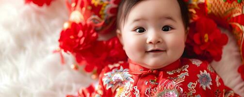 ai generato contento asiatico bambino su il letto con fiori foto