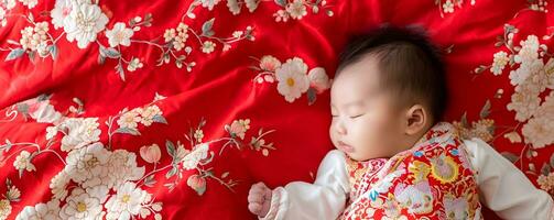 ai generato addormentato asiatico bambino su il letto foto