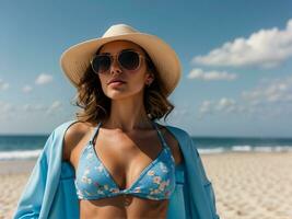 ai generato bellissimo e sexy donna indossare occhiali da sole e cappello durante vacanza a il spiaggia. foto