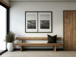 ai generato un' di legno panchina per rilassante nel il corridoio dentro il Casa. foto