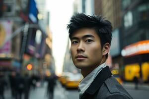 ai generato ritratto di asiatico uomo d'affari giovane uomo nel nero completo da uomo in piedi su centro strada foto