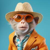 ai generato freddo scimmia, indossare un' cannuccia cappello e un' impaurito elegante arancia giacca foto
