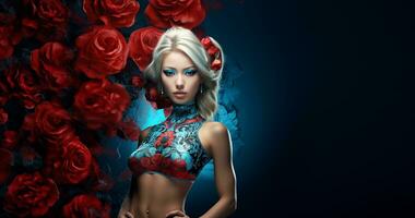 ai generato bellissimo giovane donna, con un' floreale tatuaggio in piedi contro un' fondale di vivace rosso Rose, , carino e sognante, copia spazio foto