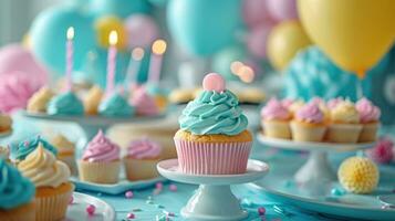 ai generato un' tavolo ornato con cupcakes, candele, e colorato decorazioni per un' dolce compleanno celebrazione foto