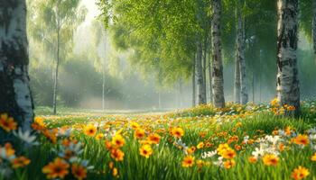 ai generato un' soleggiato primavera giorno con fiori e alberi foto