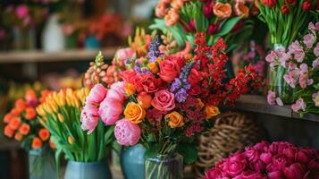 ai generato abbondante mazzi di fiori, floreale disposizioni, e vivace fiori incarnare di primavera abbondanza foto