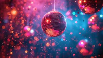 ai generato dinamico e vivace a tema discoteca festa con luccicante luci, garantendo un' notte di energico celebrazione foto