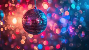 ai generato dinamico e vivace a tema discoteca festa con luccicante luci, garantendo un' notte di energico celebrazione foto