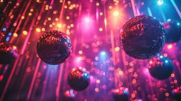 ai generato dinamico e vivace a tema discoteca festa con luccicante luci, garantendo un' notte di energico celebrazione foto