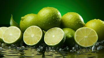 ai generato lime agrume frutta. vicino su tiro di bagnato Limes. creato con generativo ai foto