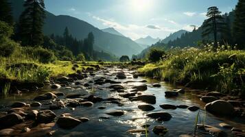 ai generato un' fiume fluente attraverso un' foresta. creato con generativo ai foto