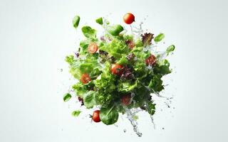 verdura insalata con spruzzi di succo verde verdure nel un' bicchiere ciotola volante nel il aria e acqua spruzzi su un' bianca sfondo foto