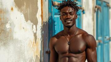 ai generato bello africano americano uomo con muscolare corpo in posa su il strada foto