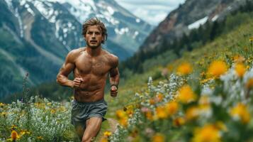 ai generato uomo in esecuzione sprint su strada nel montagne, fitness corridore durante all'aperto allenamento. foto