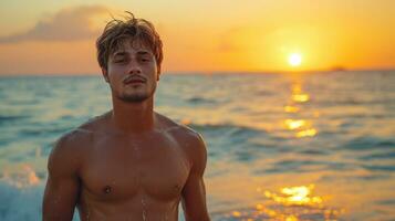 ai generato sexy ritratto di muscolare bello topless maschio modello a il spiaggia nel tramonto. foto