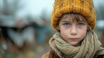 ai generato ritratto di un' senza casa poco ragazzo nel un' caldo cappello e sciarpa. foto