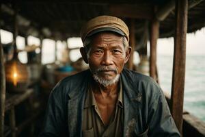ai generato racconti di il mare cattura il essenza di un indonesiano pescatore foto