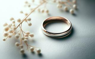 ai generato nozze anelli, diamante anelli, nastri e Rose sfondo mostrando amore su San Valentino giorno foto