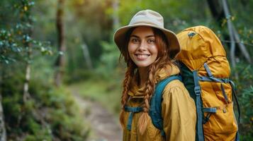 ai generato contento bellissimo ragazza partire escursioni a piedi nel il foresta foto