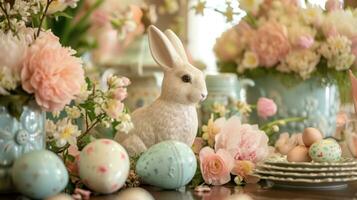 ai generato dai colori tenui uova, coniglietti, e primavera fioriture creare un' capriccioso Pasqua Paese delle meraviglie foto