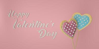 felice giorno di san valentino carta illustrata con due biscotti a cuore su sfondo rosa 3d render foto