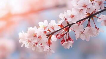 ai generato avvicinamento di primavera su fiorire albero ramo foto