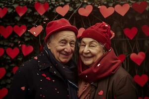 ai generato anziano sorridente coppia ritratto teneramente circondato di romantico atmosfera di galleggiante cuori. foto