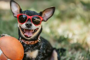 ai generato calcio chihuahua cane giocando con palla e ridendo su forte con rosso occhiali da sole all'aperto foto