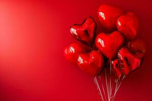 ai generato cuore sagomato palloncini su rosso sfondo. santo San Valentino giorno celebrazione foto