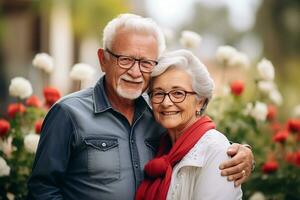 ai generato ritratto fotografia di contento anziano cittadino coppia foto