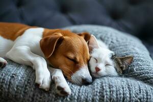 ai generato carino Jack russell cane terrier cucciolo con gatto addormentato su grigio cuscino foto