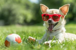 ai generato calcio chihuahua cane giocando con palla e ridendo su forte con rosso occhiali da sole all'aperto foto