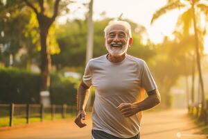 ai generato ritratto fotografia di contento anziano cittadino chi è jogging per finezza foto