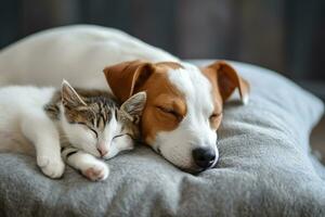 ai generato carino Jack russell cane terrier cucciolo con gatto addormentato su grigio cuscino foto