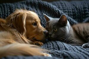 ai generato Britannico gatto e d'oro cane da riporto foto