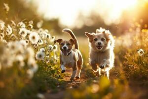 ai generato Due carino cani correre allegramente attraverso un' estate fioritura prato foto