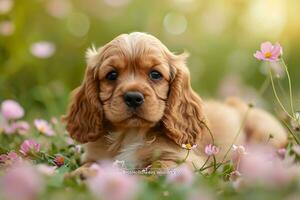 ai generato americano cocker spaniel cucciolo molto carino occhi con fiori foto