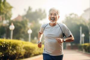 ai generato ritratto fotografia di contento anziano cittadino chi è jogging per finezza foto