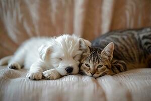 ai generato piccolo bianca cucciolo e gatto oziare su un' divano foto