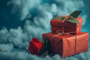 ai generato rosso i regali con rosa fiori su cielo blu nuvole, contento San Valentino giorno concetto foto