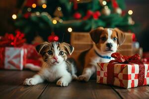 ai generato carino gatto e cane cucciolo con Natale regalo scatole su di legno pavimento foto
