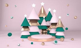 sfondo di natale con albero di natale e palco per la visualizzazione del prodotto. rendering 3D. foto