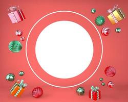 cornice natalizia fatta di decorazioni festive, scatole regalo. sfondo di natale. rendering 3D.