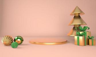 sfondo di natale con albero di natale e palco per la visualizzazione del prodotto. rendering 3D. foto