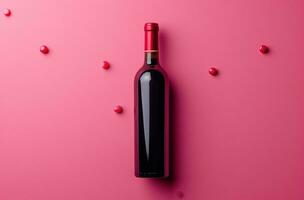 ai generato rosso vino bottiglia, isolato su un' rosa modello piatto foto