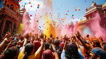 ai generato spettro di colori, acqua palloncini, e gioioso caos caratterizzare un' vivace holi scena foto