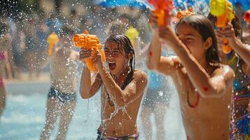 ai generato acqua pistole, giocoso schizzi, e arcobaleno flussi definire un' vivace holi acqua combattimento foto