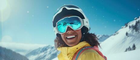 ai generato un' sciatore con sci e occhiali è sorridente nel il neve foto