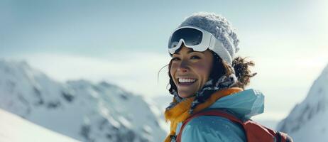 ai generato un' sciatore con sci e occhiali è sorridente nel il neve foto